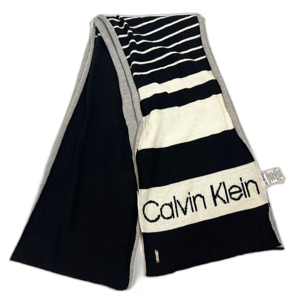 Calvin Klein Logo Knit Scarf NWOT 9x82 Black Gray White Stripe Unisex - Picture 1 of 5